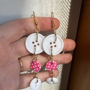 Handmade 2000s inspired white and pink polkadot button earrings